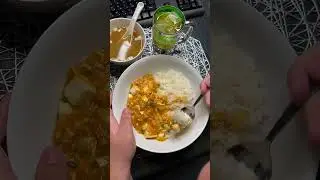 Breakfast, mapo rice, miso soup, thick tea AM6:08