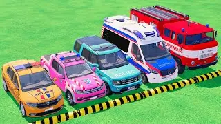TRANSPORTING POLICE CARS, FIRE DEPARTMENT, AMBULANCE WITH TRUCKS, DACIA, VOLKSWAGEN ! FS22 #1