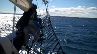 Joann, Jane and Delvon out on the bowsprit Sailing on the Manitou, woo hoo!
