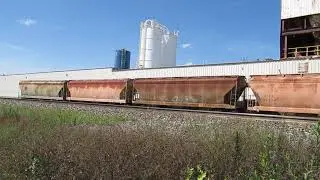 Rust streaked ACF CENTER FLOW covered hoppers at Harborlite perlite processing plant in Michigan