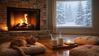 🔥☕ Relaxing Fireplace Music | Bare Wood Reflections & Cozy Cat Calm (1 Hour)