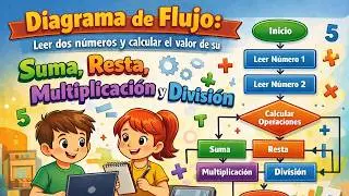 Diagrama de Flujo: Leer dos n&uacute;meros y calcular el valor de su suma, resta, multiplicaci&oacute;n y divisi&oacute;n