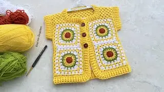 Crochet Yellow Violet Motif Baby Vest /Tığ işi Sarı Menekşe Motifli Bebek Yeleği /Sweater /1-2 yaş