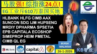 KS看股 - 马股 KLSE BURSA 分享 - 26-1-2026💥马股强! 综指涨24点!EG工业斥610万泰国买地💥HLBANK HLFG CIMB AAX SUNCON SDG IJM