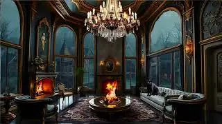 Gothic Mansion Living Room Overlooking a Rainy Haunted Town | Dark Rain Ambience & Thunder Sounds