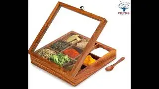 Wooden 9 Containers Masala Dabba Spice Box with Glass Lid on Top and Spoon, 8 x 8 x 2.1 Inch