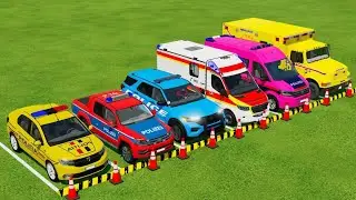 TRANSPORTING POLICE CARS, AMBULANCE, FIRE TRUCK, COLORFUL CARS WITH TRAIN -FARMING SIMULATOR 22!