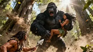 A prehistoric human facing a giant ape. Primitive era battle.
