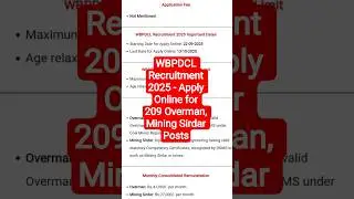 WBPDCL Recruitment 2025 - Apply Online for 209 Overman, Mining Sirdar Posts #ytshorts