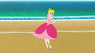 Princess Peach Walks on tiptoe on the sandy beach On the seashore and waits for super mario.