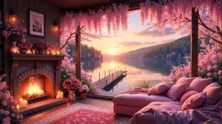 Sunset by the Lake 🌸 Soft Jazz & Warm Fireplace Vibes for Relaxation & Calm