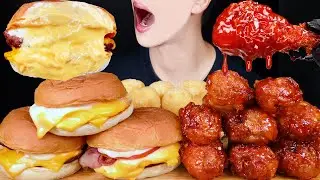 ASMR DOUBLE CHEESEBURGERS SPICY FRIED CHICKEN BBQ MUKBANG 치즈버거 양념치킨 먹방 チーズバーガー チキン 咀嚼音 EATING SOUNDS
