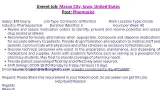 Urgent Job - Pharmacist at Mascon City Lowa