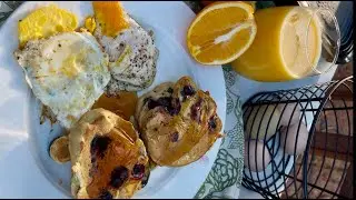 BREAKFAST ON THE HOMESTEAD - Blueberry pancakes, Fresh Orange Juice, Farm Fresh Eggs