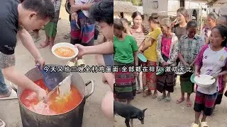 小陈的老挝媳妇儿 今天又给三嫂全村做鸡蛋面 都在排队领取  终于改善伙食了
