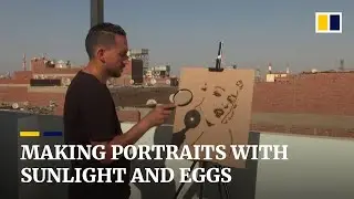 Egyptian artist creates portraits of famous personalities using sunlight, sand and eggs