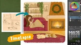 Digital Drawing No Talking - Digital Art Process Time Lapse - Reading by the Fireplace