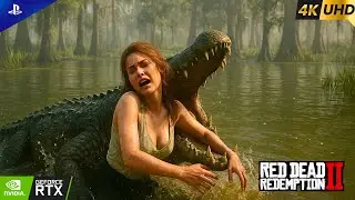 Wild Crocodile Attack on Beautiful Young Lady &ndash; Red Dead Redemption 2 | 4K 60FPS Ultra HD Gameplay