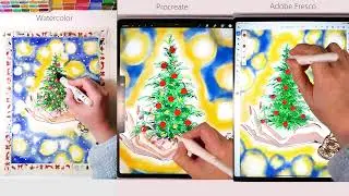 Traditional & Digital Watercolor Art Side-by-Side Comparison - Paper, iPad Procreate, Adobe Fresco