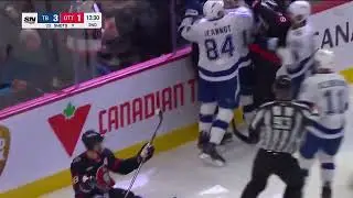 Victor Hedman mad about Tim Stuztle scoring in net after whistle, goal horn goes off, scrum ensues