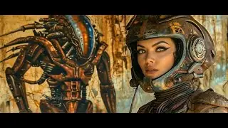 Portrait of a woman in combat gear with an alien painting backdrop