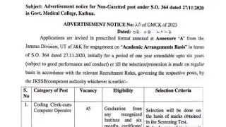 Coding Clerk Cum Computer Operator // GMC Kathua // Recruitment on Contractual Basis // 45 Posts