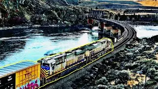 MASSIVE CANADIAN FREIGHT TRAINS OVER CURVED BRIDGE & THRU THE THOMPSON CANYON 