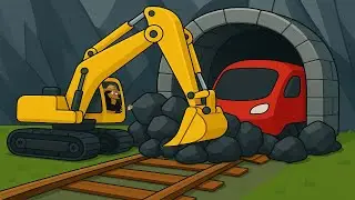 Excavator and Rock Breaker Clear Rocks Blocking Train Tunnel | Construction Vehicles at Work