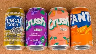 Satisfying video ASMR unboxing INCA KOLA, CRUSH GRAPE, CRUSH PEACH, FANTA ORANGE, Opening soda cans