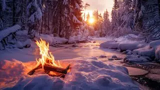 This Winter Campfire Will Melt Your Stress ❄️🔥 Crackling Fire by a Frozen Forest Stream at Sunset