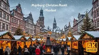Рождественский рынок Марбурга ночью 2023 г. | 4K HDR 60 кадров в секунду Марбург