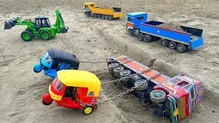 JCB 5cx Loading river sand truck | Toy Tata Truck Accident Pulling Out 2 powerful Auto rickshaw ?