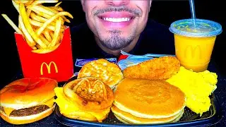 ASMR MCDONALDS CHEESEBURGER HOT CAKES BREAKFAST HASH BROWN FRIES EATING SOUNDS BIG BITES JERRY