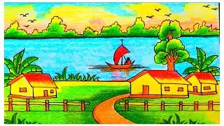 নদীমাতৃক গ্রামের দৃশ্য অংকন || Draw A Landscape Scenery With Color Pencil. #art #scenery #ytvideo 