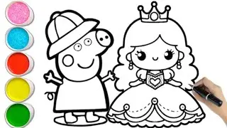 Peppa pig with princess drawing and coloring for kids and toddlers || easy peppa pig drawing for kid