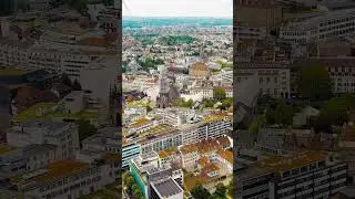 Vertical video. Basel, Switzerland. Panorama of the central part of the city from above. Basel is...
