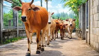 Beautiful Rural Morning with Cows Walking Together
