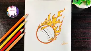 How to draw a cricket ball with fire flame | Cricket ball drawing | How to draw cricket ball