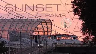 Trams on the Basarab Bridge at the sunset time