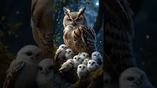 A Mother&rsquo;s Warmth: Owl and Her Owlets in a Peaceful Midnight Glow #owls #owl #birds #bird #nature