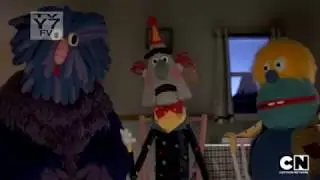 Grady, Frank, and Howdy watch Robbie Rotten watching a Pumpkin and a Potato on TV