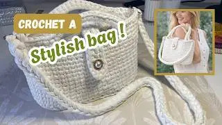 White Crochet Handbag with Pearl & Gold Button | Made with T-Shirt Yarn (5mm Hook)
