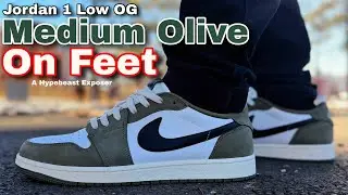 Jordan 1 Low Medium Olive - On Feet with White & Black Laces 