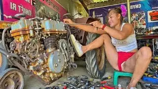 Talented 18-Year-Old Genius Girl Repairs and Replaces a Broken Front Axle Bearing of a Tractor