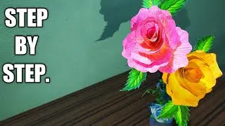 How to make realistic paper rose and leaves. [step by step tutorial] .easy crafts.