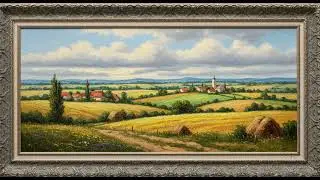 Frame TV Art Whit Music: Rural Landscape with Hay Bales and Village