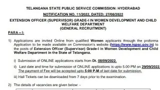 TELANGANA STATE PUBLIC SERVICE COMMISSION RECRUITMENT 2022 | EXTENSION OFFICER GRADE 1
