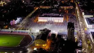 Stavropol, Russia. Lenin Square. Dynamo Stadium, Duma of the Stavropol Territory. Night time, Aerial