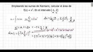 Área bajo la curva de f(x) = x con exponente 3. Aplicando sumatorias de Riemann.