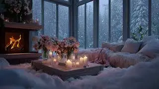 Romantic Snowy Night with Warm Fireplace, Candlelight Glow and Relaxing Piano Music for Resting